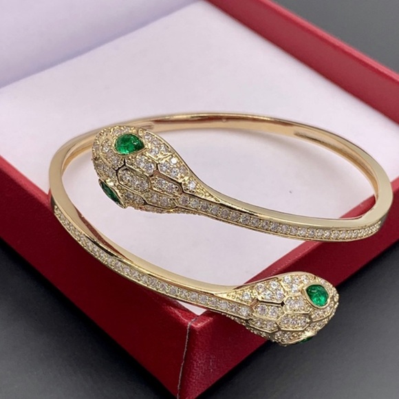 Gold Crystal Double Head Snake Cuff Bracelet - Picture 16 of 16